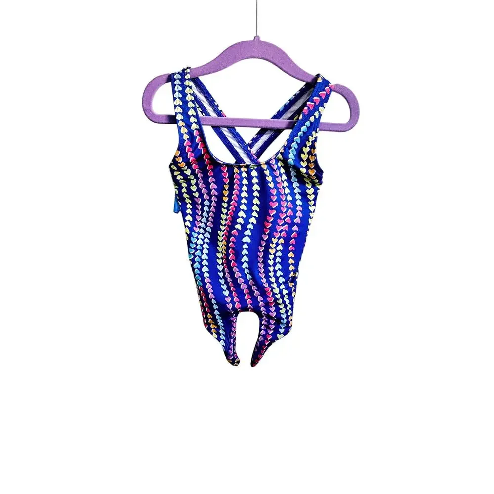 Land's End Girls 4 Bathing Suit Tie Up Top Heart Print Tankini Swimsuit Tank